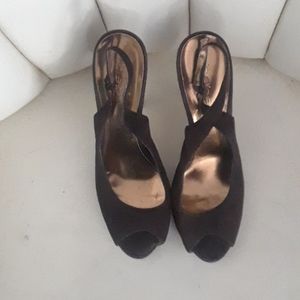 Brown suede peep toe sling back pumps by Bebe